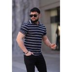 L-KOM Erkek Polo Yaka Çizgili Triko T-Shirt - Beyaz - Siyah - 2XL