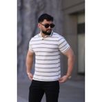 L-KOM Erkek Polo Yaka Çizgili Triko T-Shirt - Beyaz - Yeşil