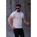 L-KOM Erkek Polo Yaka Çizgili Triko T-Shirt - Kahverengi - Beyaz - 2XL
