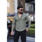 L-KOM Saklı Düğmeli Slim Fit Klasik Yaka Uzun Kol Pamuk Gömlek - Haki