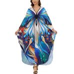 L-Peach Kadın Bohem Loungewear Gecelik Ev Giyimi Plaj Elbisesi Kimono Maxi Kaftan Büyük Boy Cover ups, Etnik Orta Mavi Baskı, Tek Beden