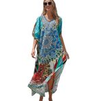 L-Peach Kadın etnik baskı Loungewear gecelik ev tekstili plaj elbise Kimono Maxi Kaftan büyük boy Cover ups, Etnik Mavi Baskı, One Size
