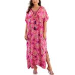 L-Peach Kadın etnik baskı Loungewear gecelik ev tekstili plaj elbise Kimono Maxi Kaftan büyük boy Cover ups, Yeşil Kırmızı Baskı, One Size