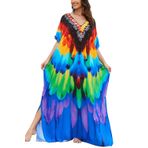 L-Peach Kadın Etnik Baskılı Ev Kıyafeti Gecelik Ev Giyim Plaj Elbisesi Kimono Maxi Kaftan Büyük Boy Örtüler, Batik Mavi Desen, One Size