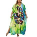 L-Peach Kadın Kaftan Loungewear Gecelik Ev Giyimi Plaj Elbisesi Büyük Boy Maxi Mayo Kapak ups, A1 Yeşil Sarı, One Size