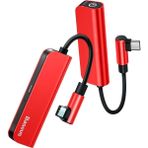 L53 2 In 1, Bilgisayar/telefon Mini Hub Adaptörü, Kırmızı - Siyah, Giriş: USB Type C, Çıkış: USB Type C & Aux 3.5 mm Jack, Seyahat Boy, Type C Şarj & Kulaklık Dönüştürücü