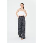LA PANTE Kadın Pantolon Beli Lastikli Bağcıklı Bol Paça Pantolon Likralı Geniş Paça Rahat Siyah/Beyaz Renk