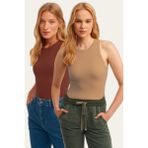 la & vetta 2'li Paket Fitilli Halter Yaka Örme Atlet - Vizon - Kiremit