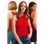 la & vetta 3'lü Paket Fitilli Halter Yaka Örme Atlet - Kırmızı - Bordo