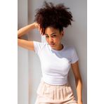 la & vetta Kadın Beyaz Fitilli Bisiklet Yaka Basic Crop T-shirt
