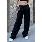 la & vetta Kadın Bol Kesim Pantolon Siyah Keten Karışımlı İnce Kumaş Düz Desen - 2XL