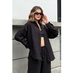 la & vetta Siyah Keten Karışımlı Oversize Gömlek