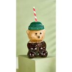 Labioccoo Ayıcık Figürlü Cam Bardak, Yeşil Bere Kapaklı, Viral Teddy Bear Kupa, 550ml, Soğuk İçecek Bardağı, 17.5cm Yükseklik