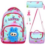 Labubu Oyuncak Bebek Desenli Üçlü Çocuk Ilkokul Okul Çantası Seti (Çanta Termal Beslenme Çantası Kalemlik) - Mavi - Pembe