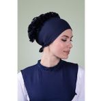 Lacivert Arkadan Bağlamalı Tesettür Bone Viskon Kumaş Fırfır Bone 1006_02