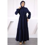 Lacivert Bel Bağlamalı Dantelli Elbise - 38