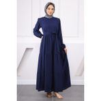 Lacivert Bel Kuşaklı Gofralı Fırfırlı Elbise - 40