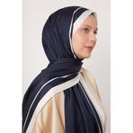 Lacivert-Beyaz-Kırmızı Şerit Detay Monogram İpek Şal