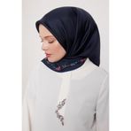 Lacivert Cicek Serit Twill İpek Eşarp
