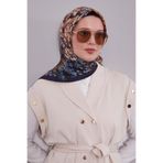 Lacivert Çiçekli Soyut Desen Twill İpek Eşarp