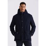 Lacivert Comfort Fit Kapüşonlu Yünlü Mont
