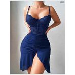 Lacivert Dantel Korseli Mini Elbise, Askılı, Büzgülü Etek, Yırtmaçlı, Gece Elbisesi