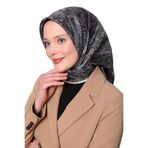 Lacivert - Ekru Soyut Etnik Desen Twill İpek Eşarp