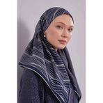 Lacivert-Gri Çizgi Desen Twill İpek Eşarp