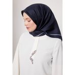 Lacivert İmza Desen Twill İpek Eşarp