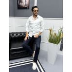 Lacivert Ince Çizgili %100 Pamuk Saten Non-Iron Modern Fit Gömlek - Beyaz - 2XL