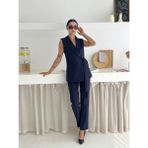 Lacivert Kuşak Bağlamalı Yelek Kemerli Havuç Pantolon Dokuma Kumaş Ikili Takım - 01L-Lacivert - 3XL