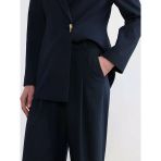 Lacivert Loose Fit Geniş Paça Kadın Pileli Kumaş Pantolon