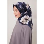 Lacivert Lotus Çiçek Twill İpek Eşarp