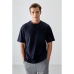 Lacivert Pamuklu Kalın Yumuşak Dokulu Oversize Fit Basic Erkek T-Shirt - 88377 - 2XL