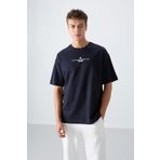 Lacivert Pamuklu Kalın Yumuşak Dokulu Oversize Fit Baskılı Erkek T-Shirt - 88321