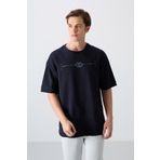 Lacivert Pamuklu Kalın Yumuşak Dokulu Oversize Fit Baskılı Erkek T-Shirt - 88323
