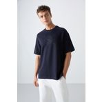 Lacivert Pamuklu Kalın Yumuşak Dokulu Oversize Fit Baskılı Erkek T-Shirt - 88324