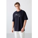 Lacivert Pamuklu Kalın Yumuşak Dokulu Oversize Fit Baskılı Erkek T-Shirt - 88326