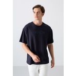 Lacivert Pamuklu Kalın Yumuşak Dokulu Oversize Fit Baskılı Erkek T-Shirt - 88329