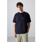 Lacivert Pamuklu Kalın Yumuşak Dokulu Oversize Fit Baskılı Erkek T-Shirt - 88332
