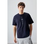Lacivert Pamuklu Kalın Yumuşak Dokulu Oversize Fit Baskılı Erkek T-Shirt - 88373