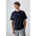 Lacivert Pamuklu Kalın Yumuşak Dokulu Oversize Fit Baskılı Erkek T-Shirt - 88376