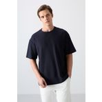Lacivert Pamuklu Kalın Yüzeyi Dokulu Oversize Fit Baskılı Erkek T-Shirt - 88336