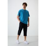 Lacivert Pamuklu Yumuşak Dokulu Standart Fit Nakışlı Erkek Kapri - 83102 - 2XL