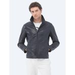 Lacivert Regular Fit Bebe Yaka Smart Casual Koyun Derisi Deri Mont