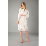 Lacivert Şalyaka Dantelli Niki Kadife Bambu Cotton Bayan Sabahlık Krem XXL