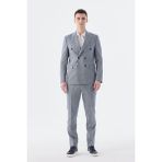 Lacivert Slim Fit Keten Karışımlı Kruvaze Takım Elbise - 52 - 6 Drop