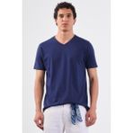 Lacivert V Yaka Pamuklu Düz Renk Slim Fit Erkek T-shirt - 3XL