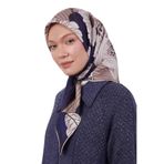 Lacivert Zambak Çiçek Desen Twill İpek Eşarp
