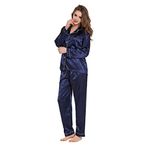 Ladieshow Kadın pijama seti, saten ipek gecelikler uzun/kısa kollu düğmeli düz renk pijama tüm yıl boyunca, Lacivert Uzun, XL